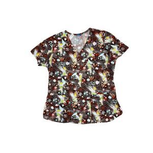 Disney scrub top Tinkerbell brown large pockets cinched waist